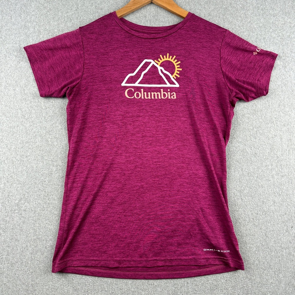 Columbia T-shirt Girls L (14/16) Omni-Shade Magenta Heather Mountain Graphic
